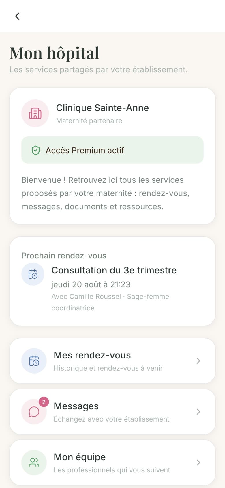L'espace Mon hôpital dans l'appli